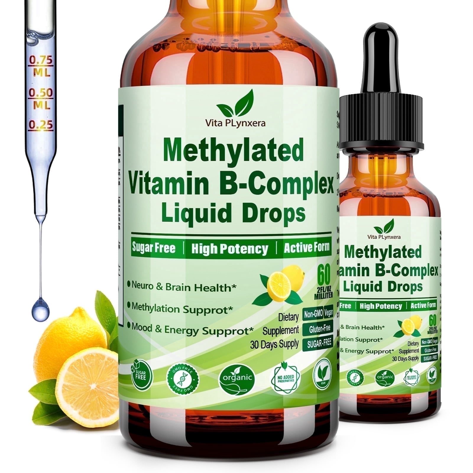 Vitaplynxera Methylated B Complex Liquid Drops, 9-in-1 Methylated Supplement with Methylfolate B12 Inositol Choline TMG & Vitamins C E, Mood Nerve & Brain Health Support – 30-Day Supply