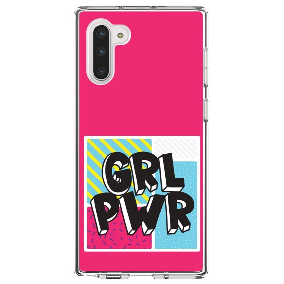 DistinctInk Clear Shockproof Hybrid Case for Samsung Galaxy Note 10 (6.3" Screen) - TPU Bumper, Acrylic Back, Tempered Glass Screen Protector - Girl Power - GRL PWR - Pink Background