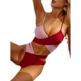 thumbnail image 5 of Qiylii Women Adjustable Spaghetti Strap Cross Tie Up Bra + Hollow Out Thong Color Block Bikini Set Swimsuit Bathing Suits, 5 of 7