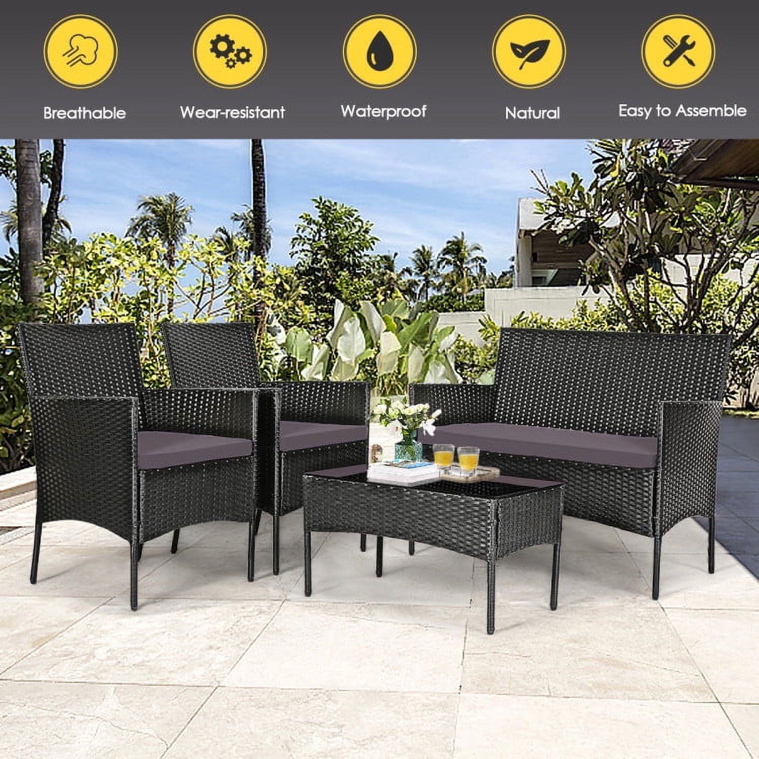 Aimee Lii 4 Pcs Patio Wicker Furniture Set, Cushioned Sofa Furniture with Tempered Glass Coffee Table, Small Patio Set, Gray Aimee Lii 4 Pcs Patio Wicker Furniture Set, Cushioned Sofa Furniture with Tempered Glass Coffee Table, Small Patio Set, Gray