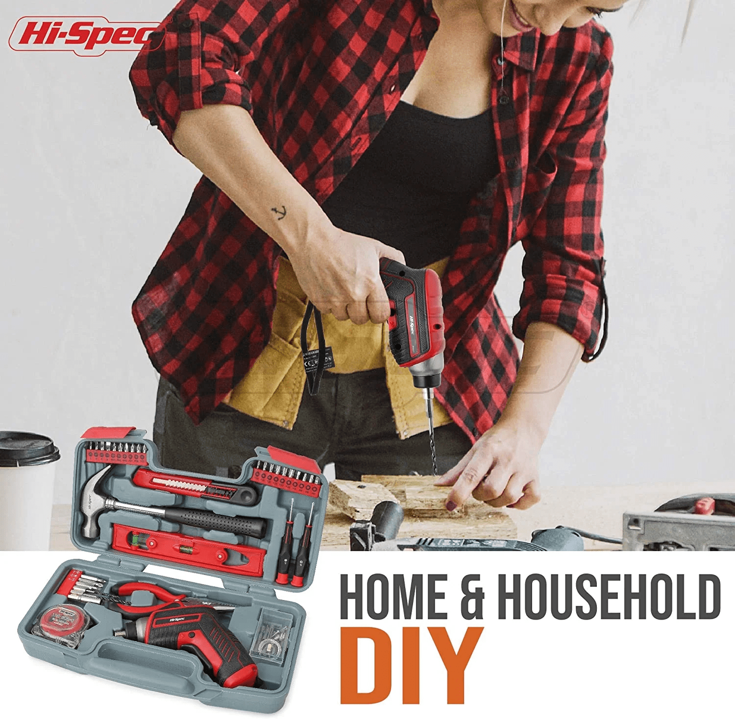 Hi-Spec 35pc Red 3.6V Cordless Electric Power Screwdriver and Home Tool Kit Set. USB Rechargeable