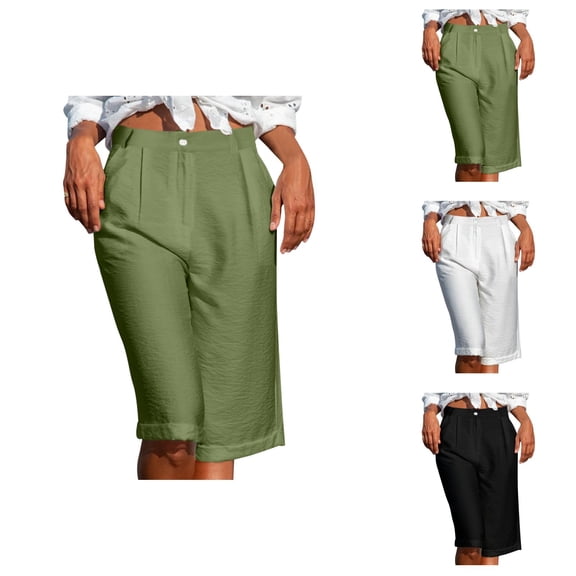 Bermuda Shorts for Women Knee Length Cotton High Waist Wide Straight Leg Dressy Casual Office Work Shorts with Pockets