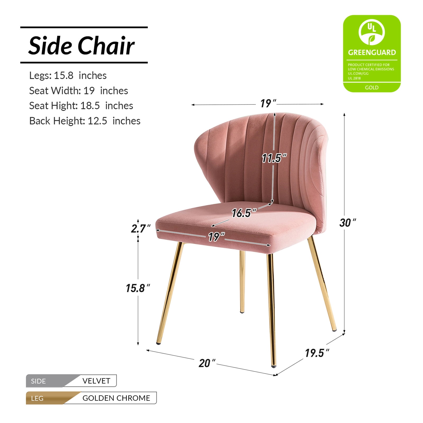 Tina's Home Velvet Dining Chairs Set of 4 Wingback Upholstered Accent Side Chairs Metal Legs Home Living Room Kitchen Pink