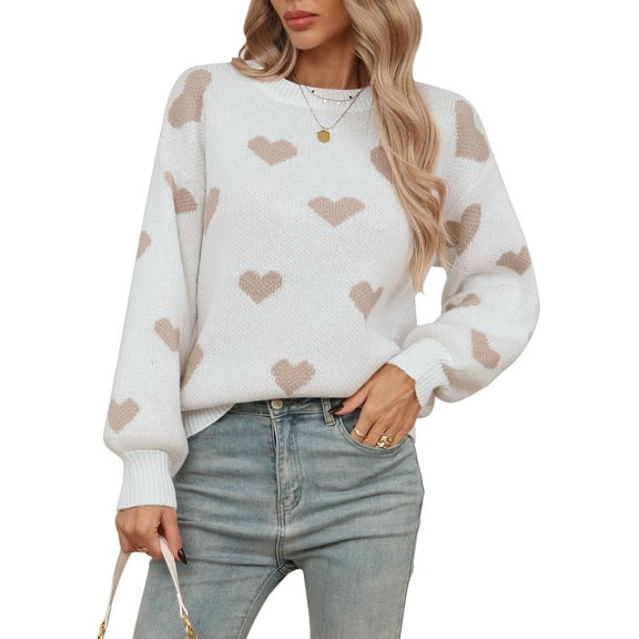 Cogild Women's Heart Pattern Knit Sweater, Long Sleeve Pullover with Lantern Sleeves, Soft Acrylic Crewneck Jumper for Fall & Winter, Cute White Knitwear for Valentine's Day & Everyday Outfits