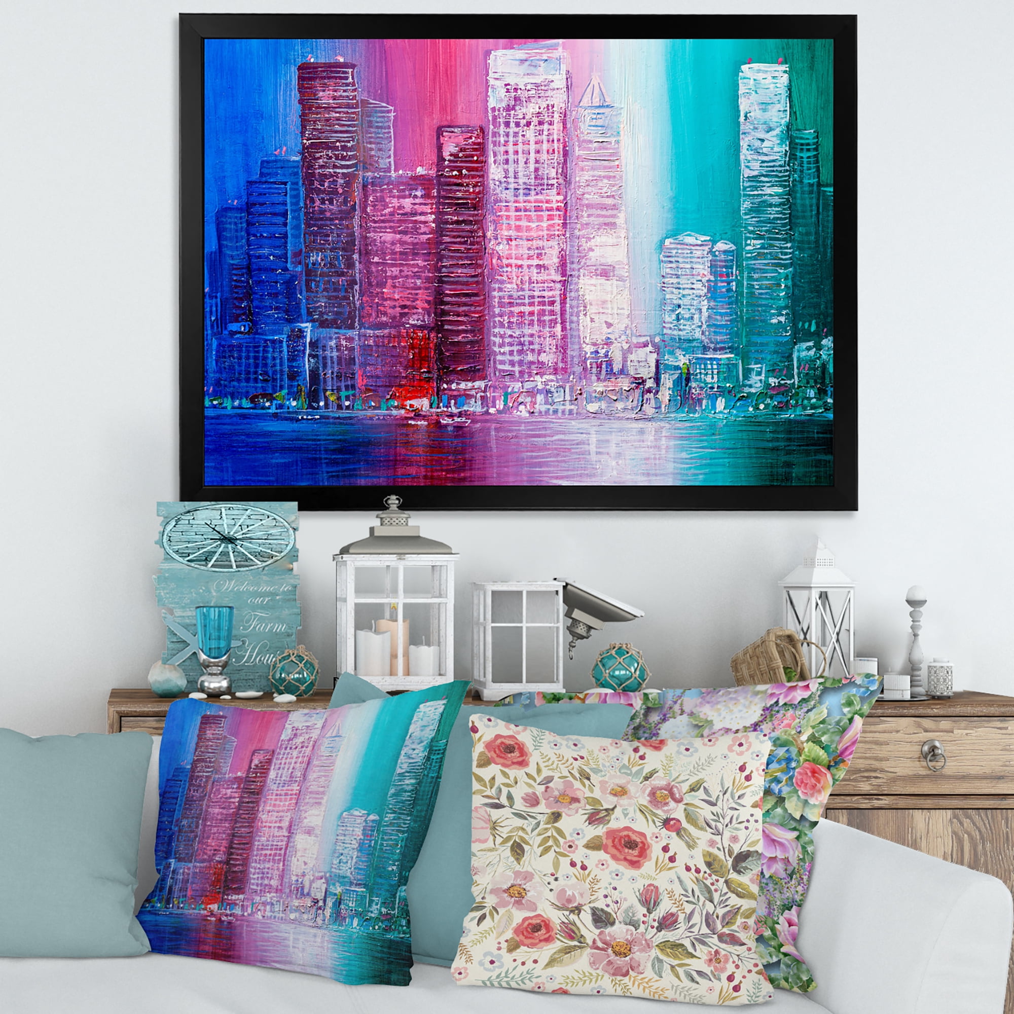 Designart 'Abstract Style Cityscape Panorama Skyscrapers II' Modern Framed Art Print