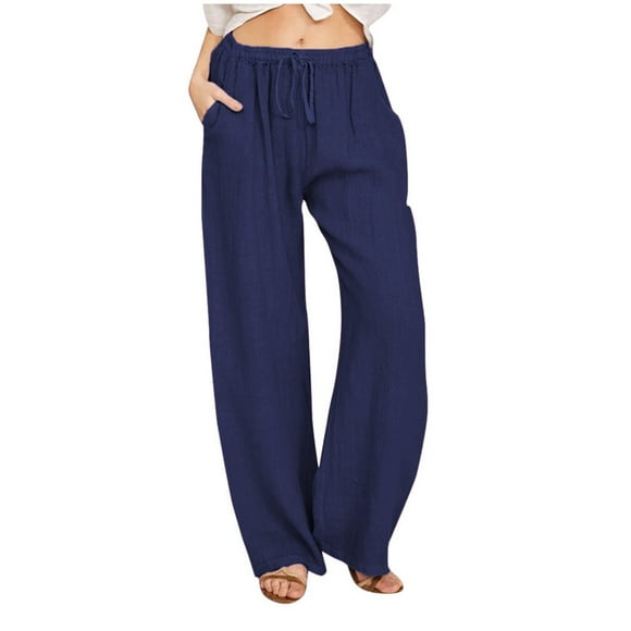 Fgnfyis Women's Pants Linen Summer Wide Leg Casual Loose Drawstring High Waist Solid Color Palazzo Trousers with Pockets for Women Navy XXL