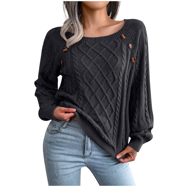 IROINID Women's Scoop Neck Pullover Sweater Solid Color Loose Mid-Length Long Sleeve Sweater Button Blouse Autumn Tops