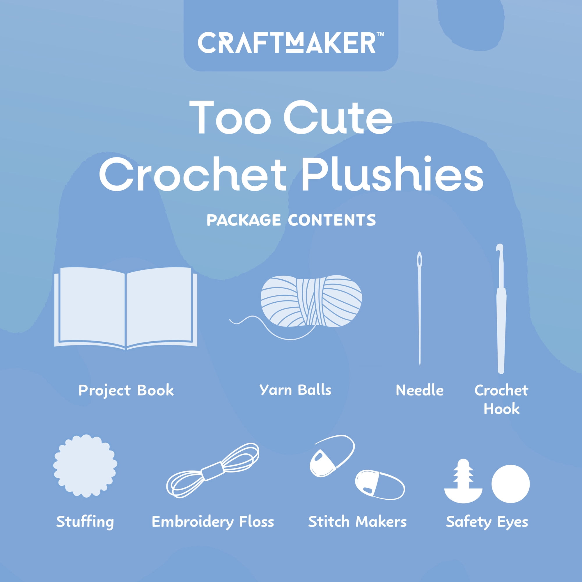 Craft Maker: Too Cute - Crochet Plushies - DIY 3 Plush Animals, Adult Craft Kit, Chenille Yarn, Hook, Stuffing, Safety Eyes, Guide Book, Art Activity