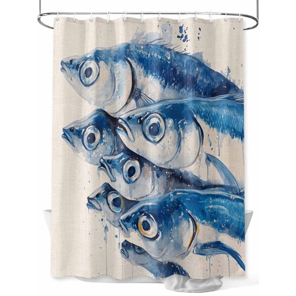 Fsddascl Coastal Fishes Shower Curtain Set - 36" x 78" Washable Bathtub Curtain with 12 Hooks, Blue Animal Watercolor Ocean Beige Waterproof Fabric Stall Shower Curtains for Bathroom/Bathtub Décor