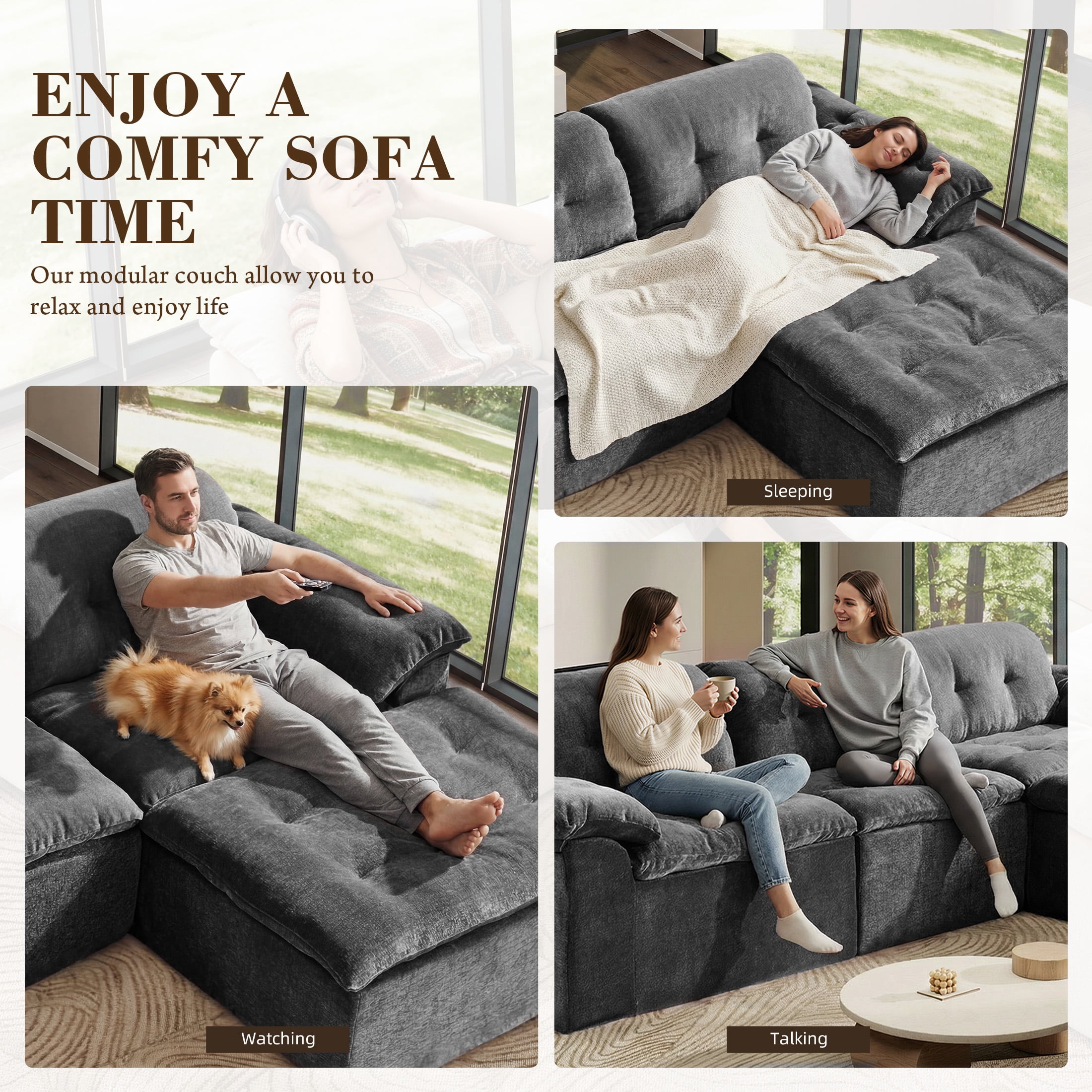 Aukfa 4-Piece L-Shaped Modular Sectional Sofa with Ottoman for Living Room, Ice Flower Chenille, Gray