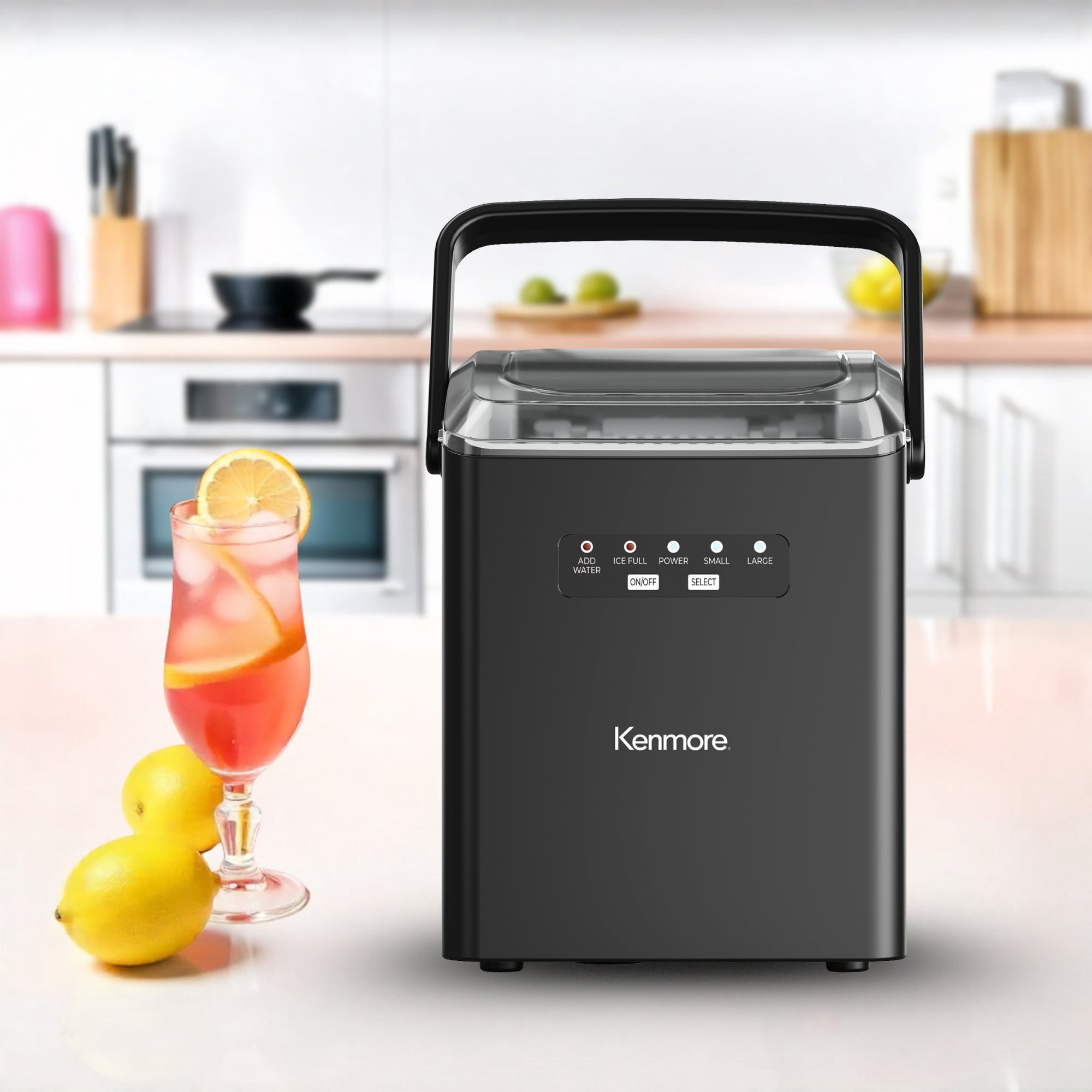Kenmore Portable Countertop Bullet Ice Maker, 26 lb Ice per Day, Fast Ice in 6–7 Minutes, Two Sizes, Self-Cleaning Ice Machine with Scoop and Basket for Home, Office or RV, Black