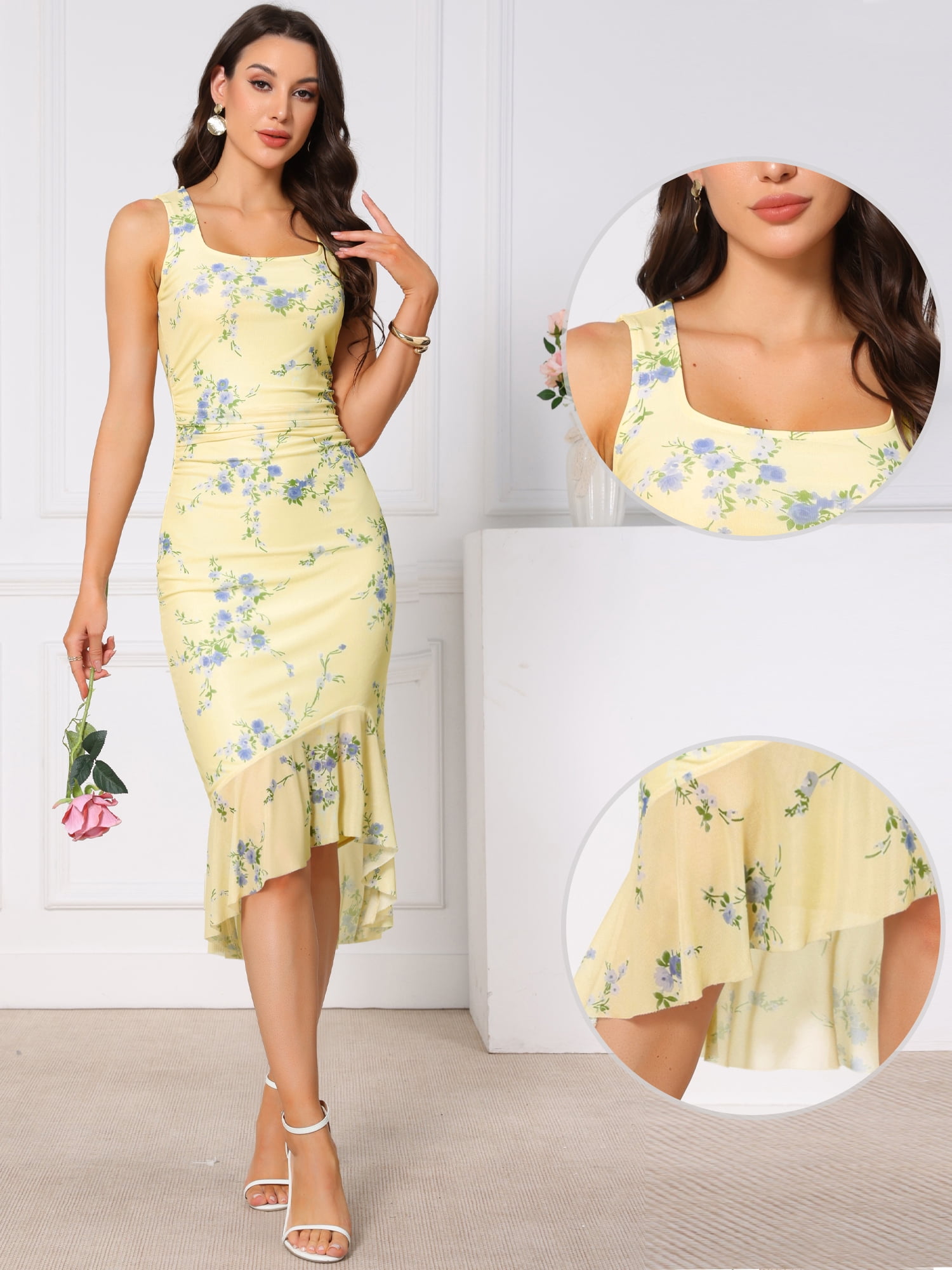 DARING DIVA Women's Summer Floral Bodycon Sleeveless Square Neck Dress XL Yellow