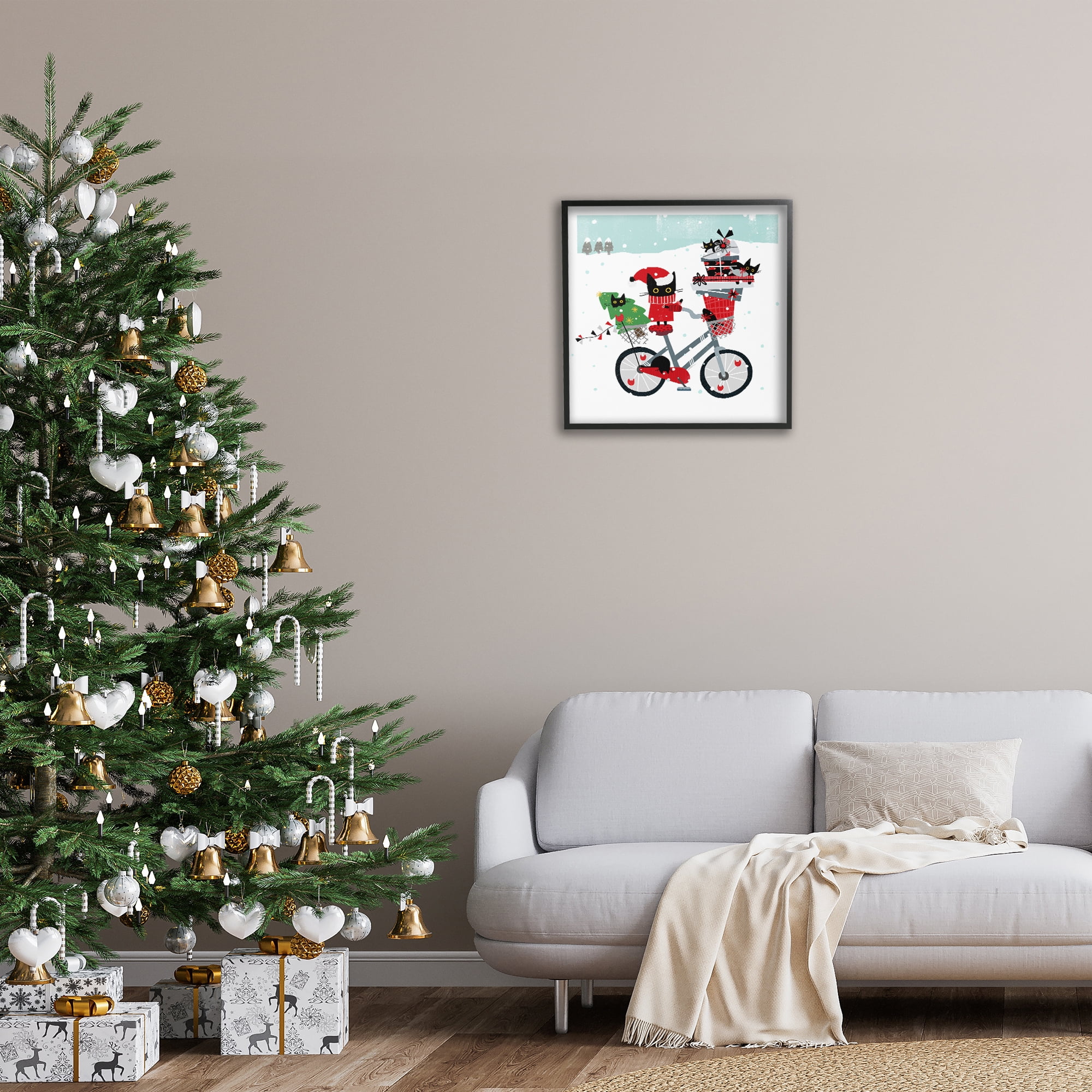 Stupell Industries Holiday Catmas Bicycle Holiday Painting Black Framed Art Prints Wall Art, 24 x 24