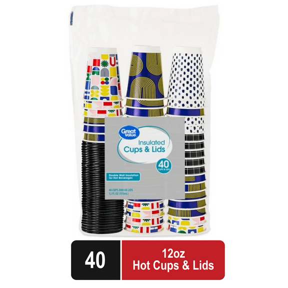 Great Value 12 oz Insulated Hot Cups with Lids, 40 Count