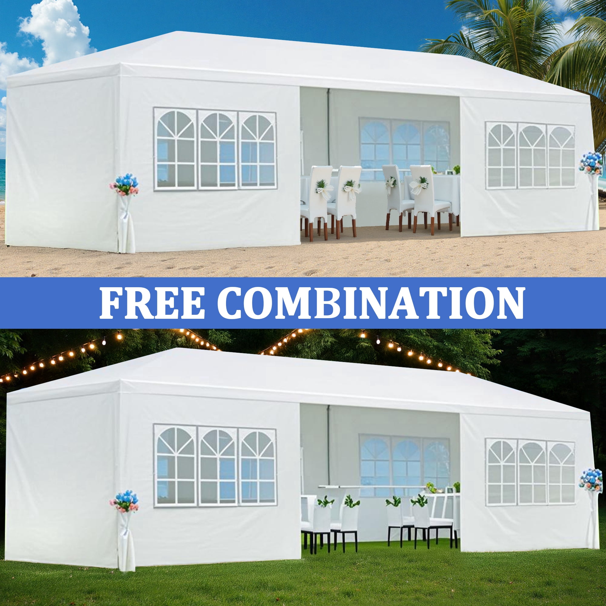10'x30' Canopy Tent Gazebo Canopy Wedding Party Tent with 8 Removable Sidewalls for Party Wedding Camping,White