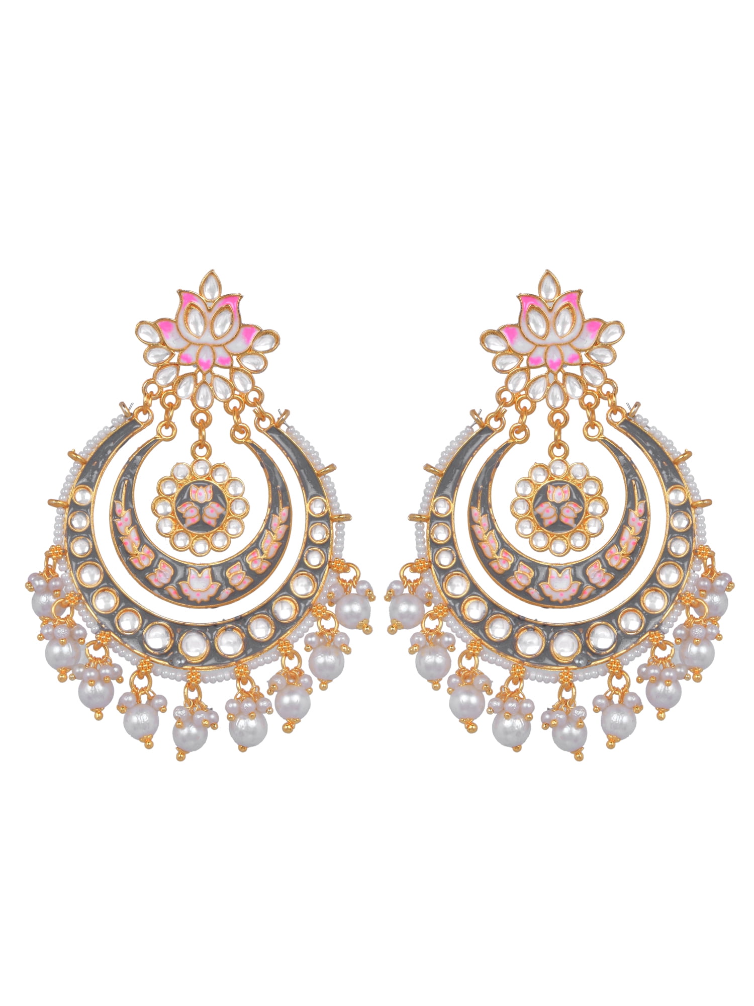 Crunchy Fashion Bollywood Jewellery Traditional Ethnic Bridal Bride Wedding Bridesmaid Crunchy Fashion Dazzling Pearl Gold-Plated Kundan Meenakari Grey Chandbali Earrings