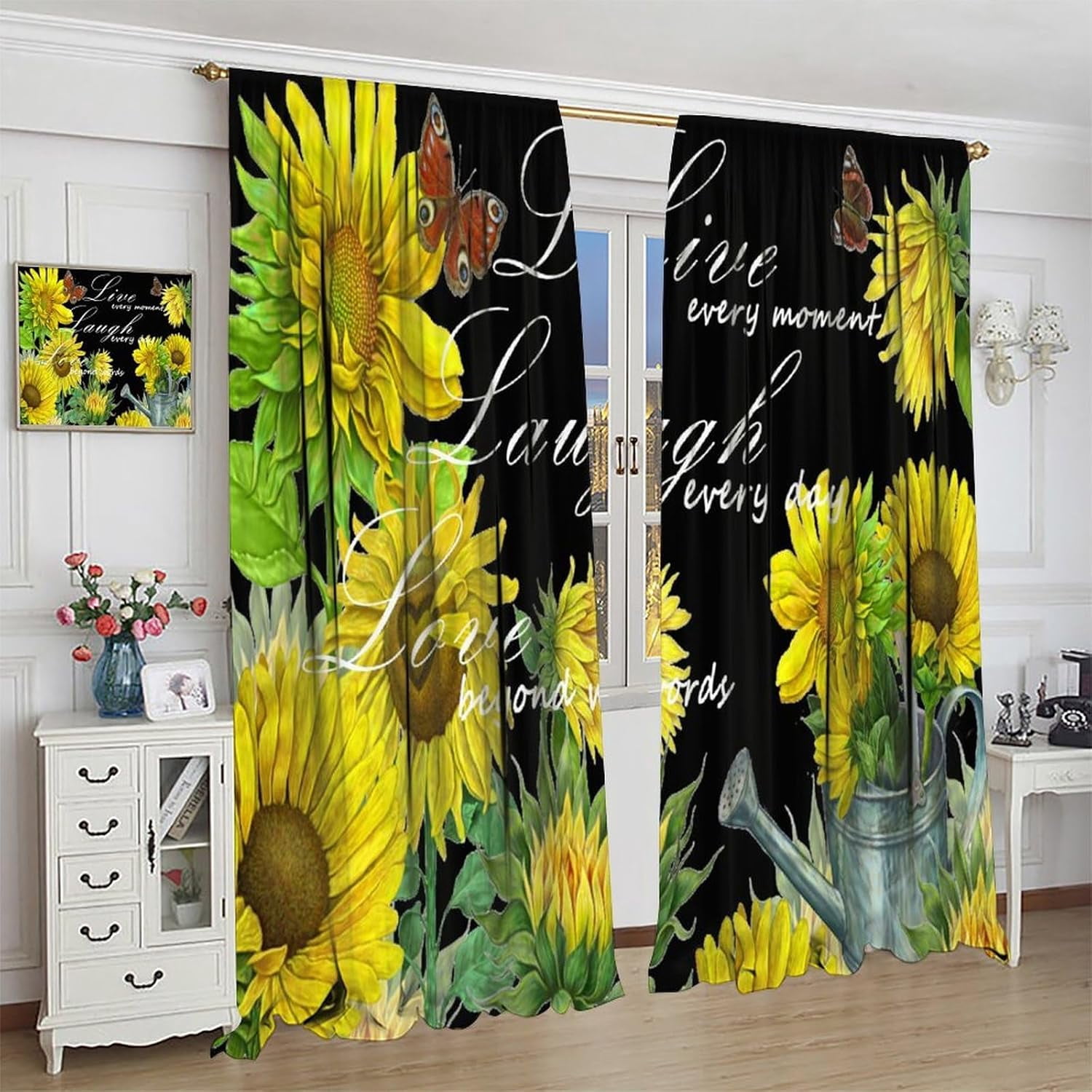 Sunflower Blackout Curtains Farmhouse Rustic Sunflower Butterfly Green Yellow Black Girls Women Bedroom Living Room Rod Pocket Decoration Window Drapes 2 Panels W21xL63in