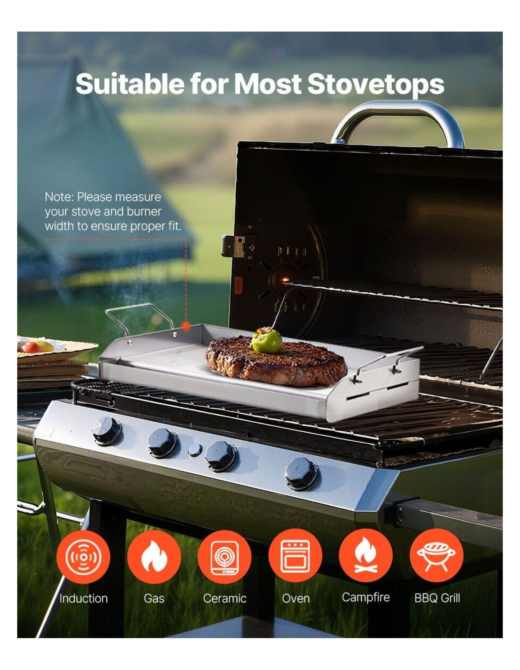 Stainless Steel Griddle 17x13 Inch - Universal BBQ Grill Pan - Flat Top Griddle for Gas, Electric & Induction Cooktops - Heavy Duty Cookware
