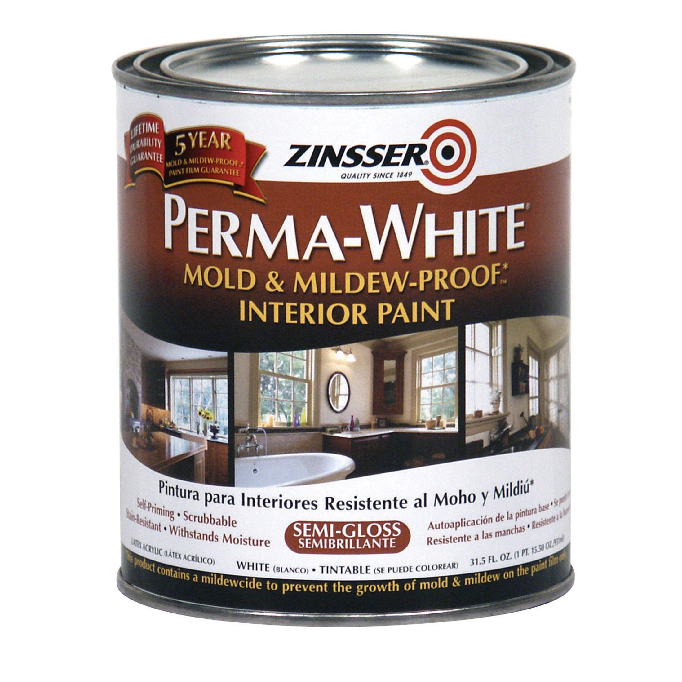 6 Pack, White, Zinsser Perma-White Semi-Gloss Interior Mold & Mildew Proof Paint- Quart