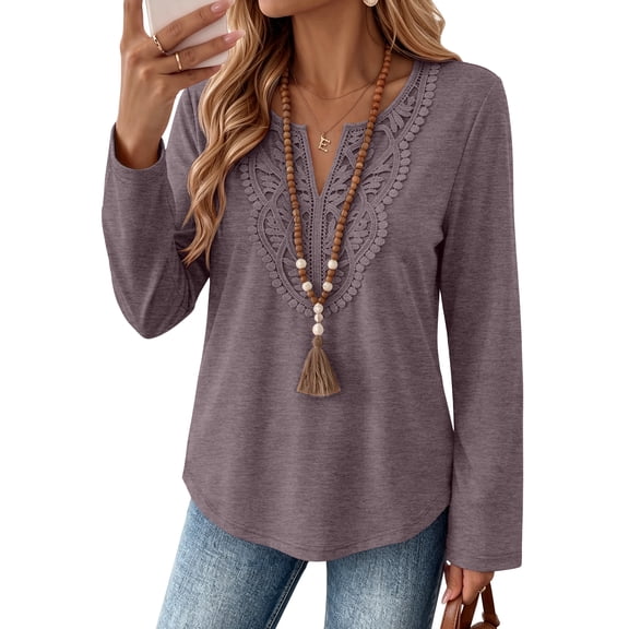 SUNBS Women Tops Long Sleeve V Neck Lace Trim Blouses for Women Dressy Casual Tunic Shirts