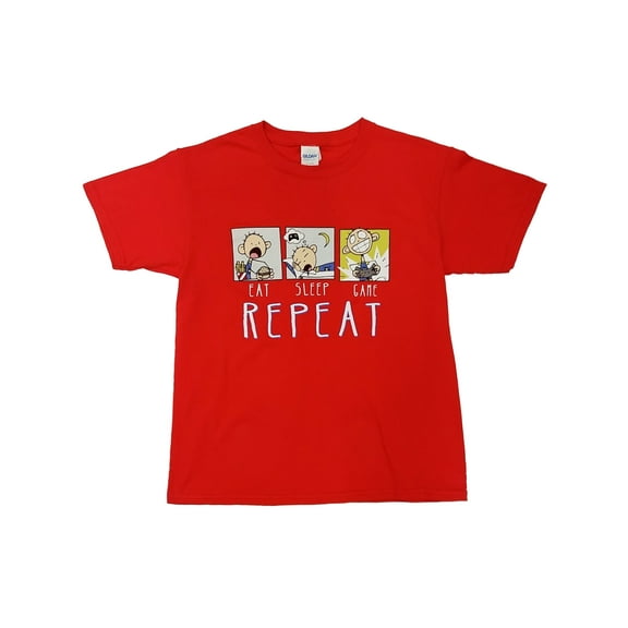Boys Red Comic Strip Eat Sleep Game Repeat Cartoon Animation Figure T-Shirt M