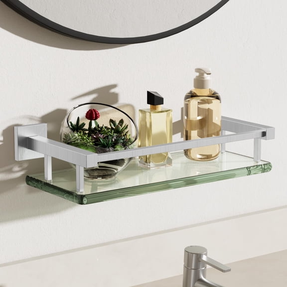 12 Inch Brushed Nickel Floating Wall Shelves Tempered Glass Storage