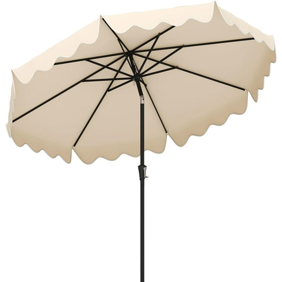PRZL 9Ft Patio Umbrella with Crank, 2-Tier Outdoor Umbrella with Push Button Tilt, Sun-Protective Canopy, 8 Ribs, Scalloped Patio Umbrella for Outdoor Beach Deck Pool Table (Beige)