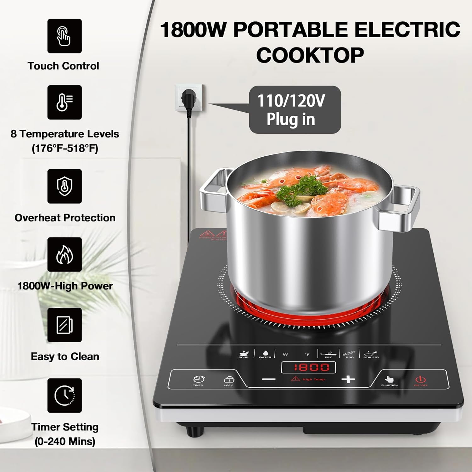 Single Burner Electric Cooktop 1800W Portable Stove Top with LED Touch Control, 8 Power Levels, Timer & Child Lock, Black Crystal Surface for Kitchen Dorm Office Camping