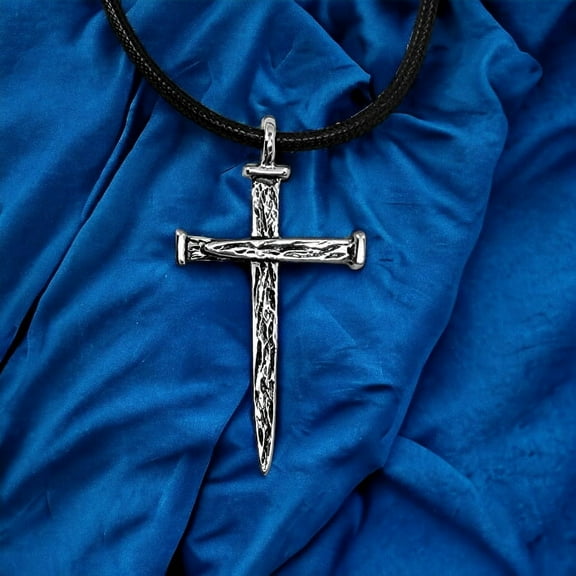 Nail Cross Large Rugged Rhodium Metal Finish Pendant Black Cord Necklace