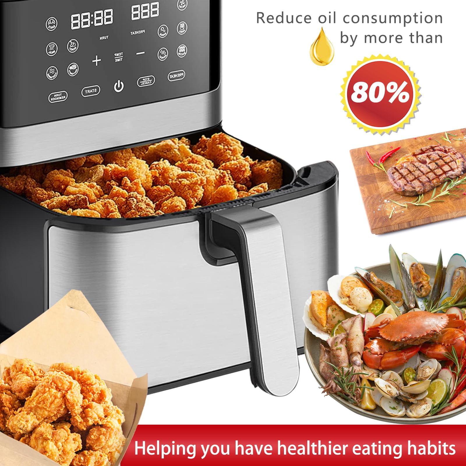 PRIJESSE 8QT Digital Air Fryer, 1500W Electric Air Fryer Toaster Oven Oil Free Multifunction Air Fry with 60 Minute Timer for Baking and 10 Preset Programs, Stainless Steel Accents