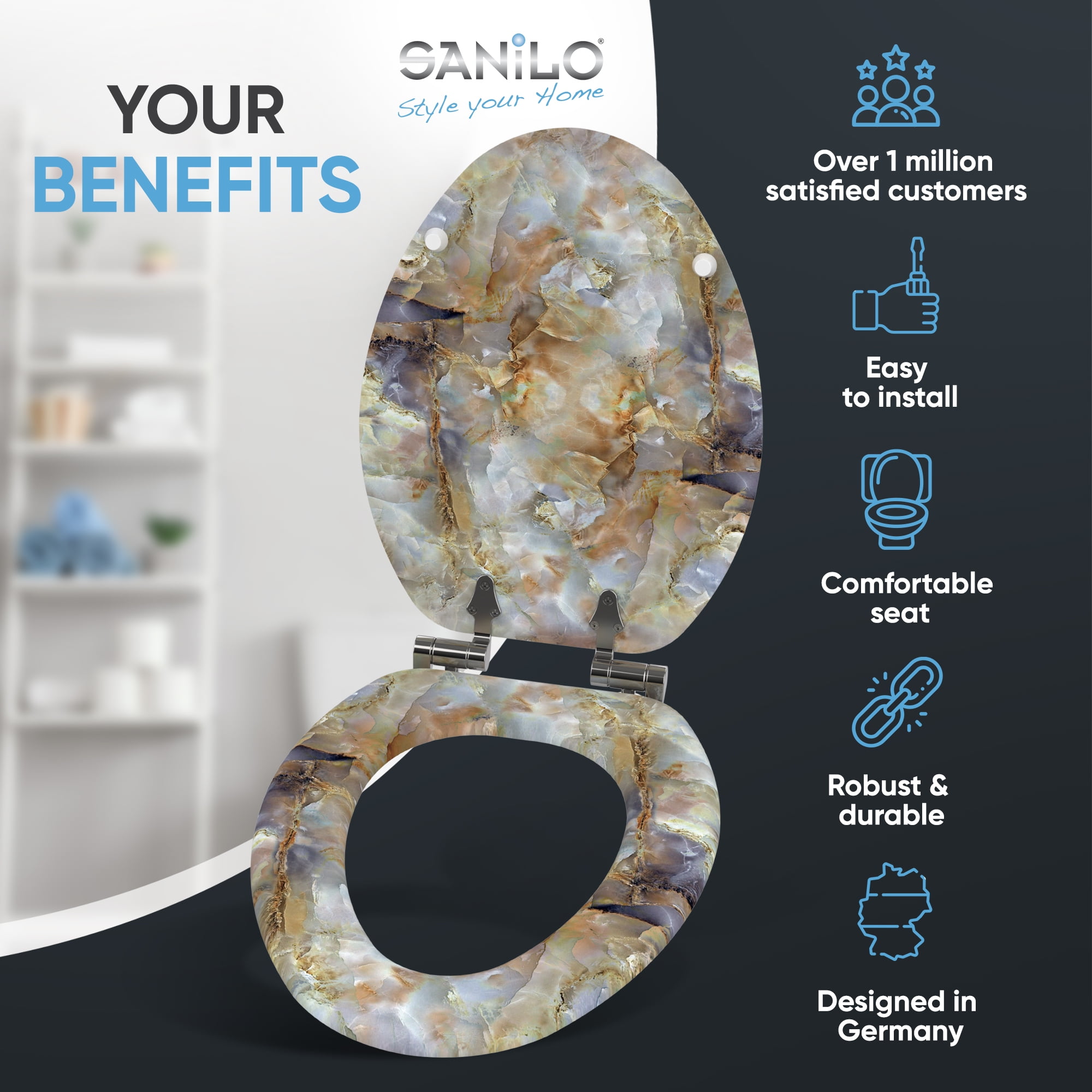 Sanilo Soft Close Toilet Seat ELONGATED, Quiet and Slow Close Lid and Seat, Strong Bumpers and Hinges, Marble Brown