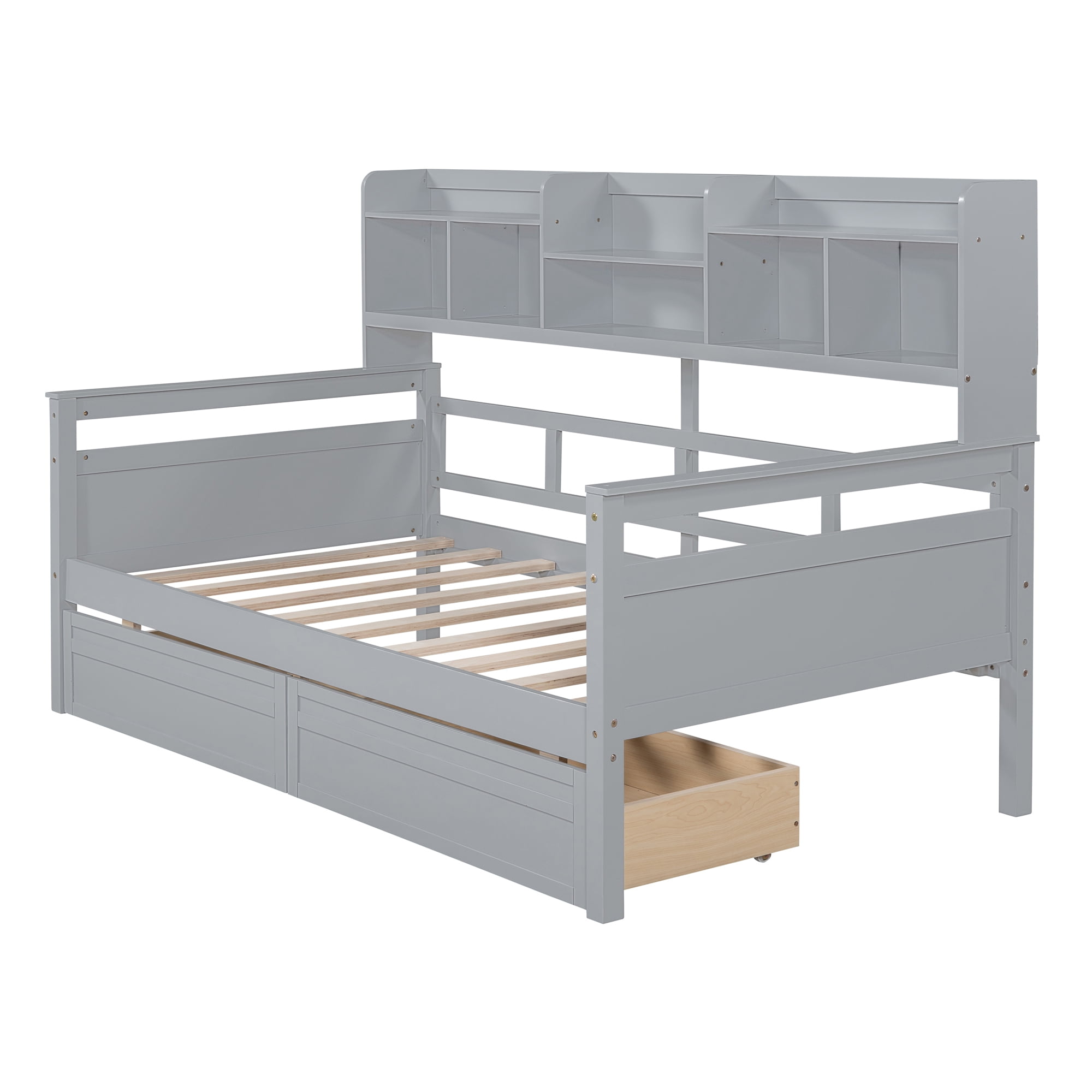 Euroco Wood Twin Size Platform Bed with 2 Drawers, Captain Bed with Storage Shelves, Gray