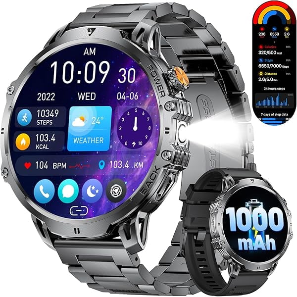wonima11 LIGE Military Smart Watches for Men(2 Bands),1000mAh/1.85" HD Large Screen Smartwatch, Flashlight/110+ Sports Modes/Sleep Monitor, Fitness Tracker Watch for Android iOS,Black