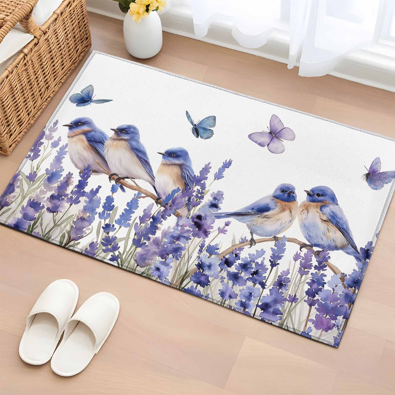 Rectangle Area Rug 2x3ft Garden Purple Floral Bird Butterfly Non-Shedding Washable Area Rug Watercolor Lavender on White Non Slip Low-Profile Rugs for Living Room Bedroom Dining Room
