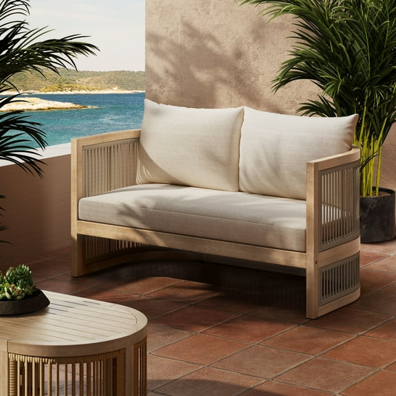 Christopher Knight Home 54.5" Outdoor Wood Loveseat with Woven Rope Design and Removable Cushions, Beige