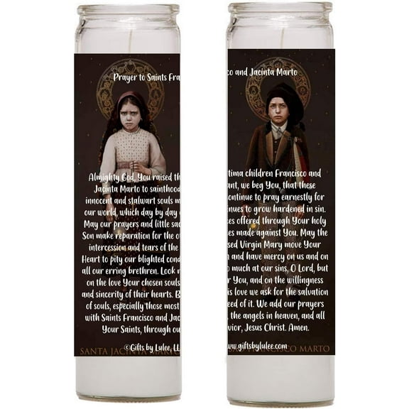 Saints Jacinta and Francisco Marto Fatima Apparitions Set of Two 2 Glass Candles with Prayer
