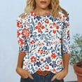 thumbnail image 3 of JTZGDY Crochet Eyelet Tops for Women Dressy Casual Floral Printed Summer 3/4 Lenght Sleeve Crewneck Graphic Tees Shirt Loose Fit Comfy Tunic Blouse Red#03 M, 3 of 7