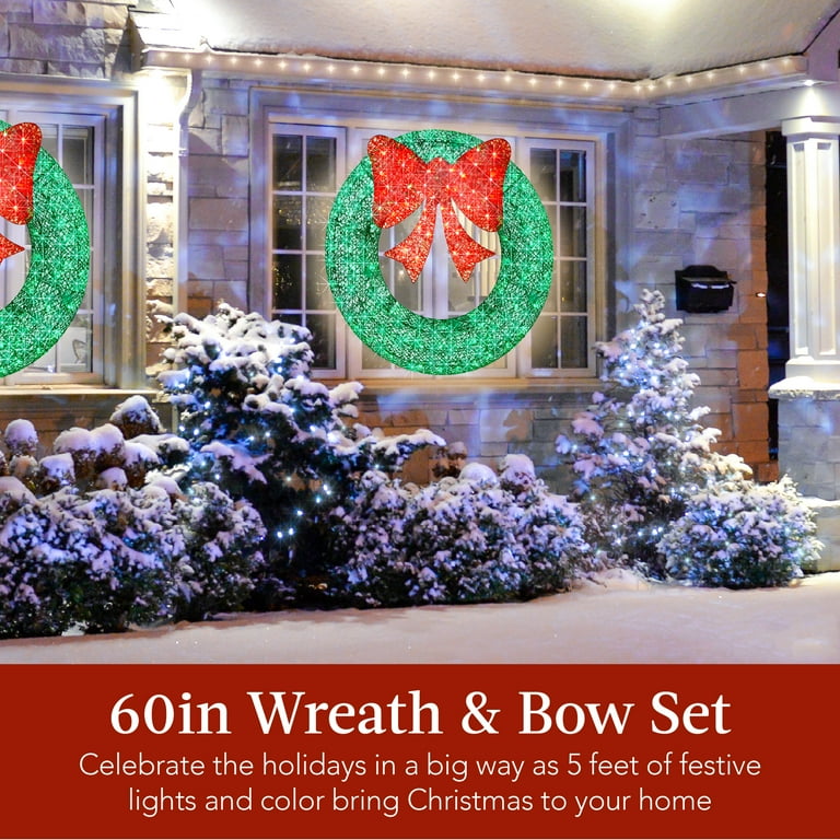 Best Choice Products 60in Pre Lit Outdoor Christmas Wreath LED Metal Holiday Decor w 206 Lights Bow Green Red