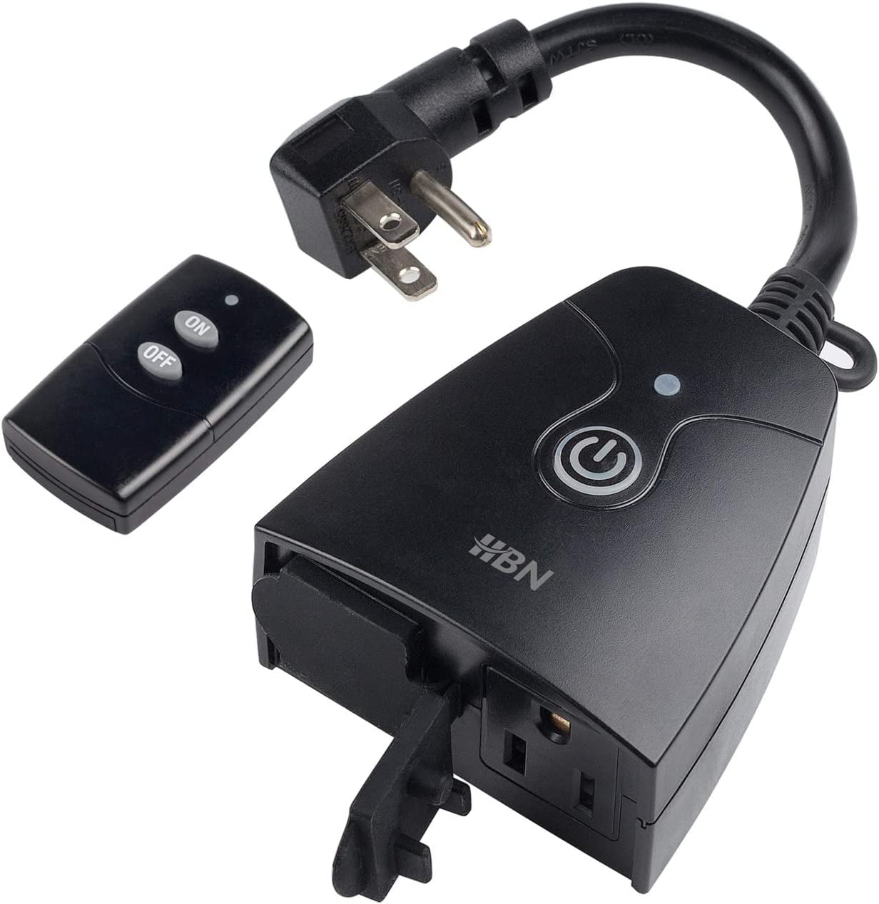 HBN Outdoor Indoor Wireless Remote Control Dual 3-Prong Outlet Weatherproof Heavy Duty 15 A Compact 2 Grounded Outlets with Remote 6-inch Cord 100ft Range ETL Listed (Battery Included)