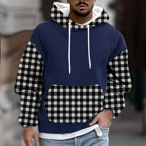 Blczomt Sweatshirts for Men Pullover Trendy Hoodies Warm Winter Blue Casual Plaid Fashion,M