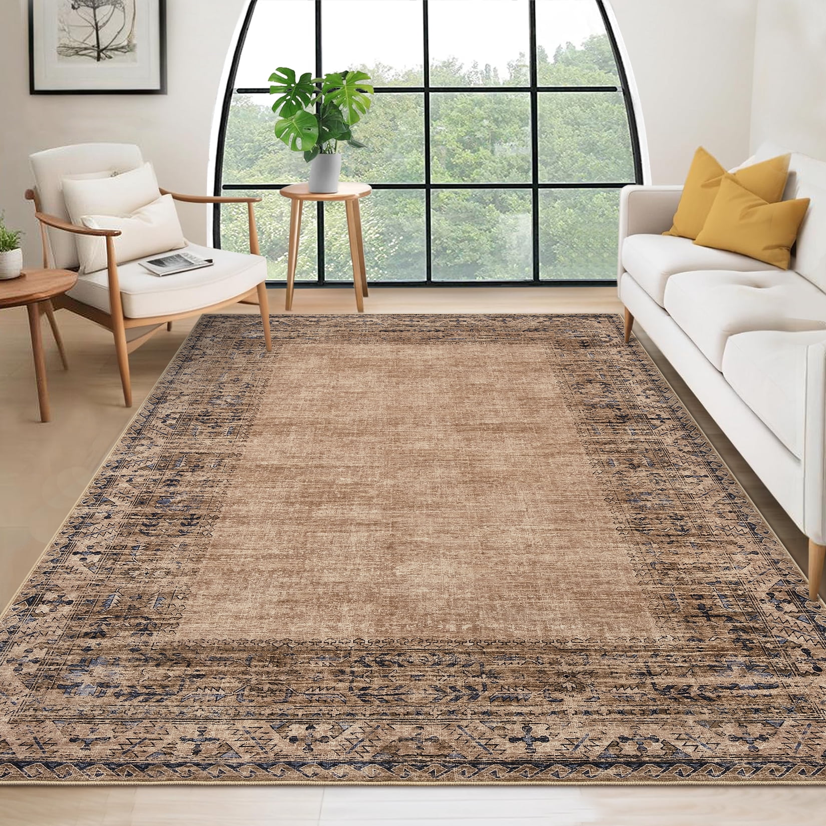 Hasoo Living Room Area Rug 5' x 7' Border Rug for Bedroom Stain-Resistant Washable Indoor Carpet, Brown