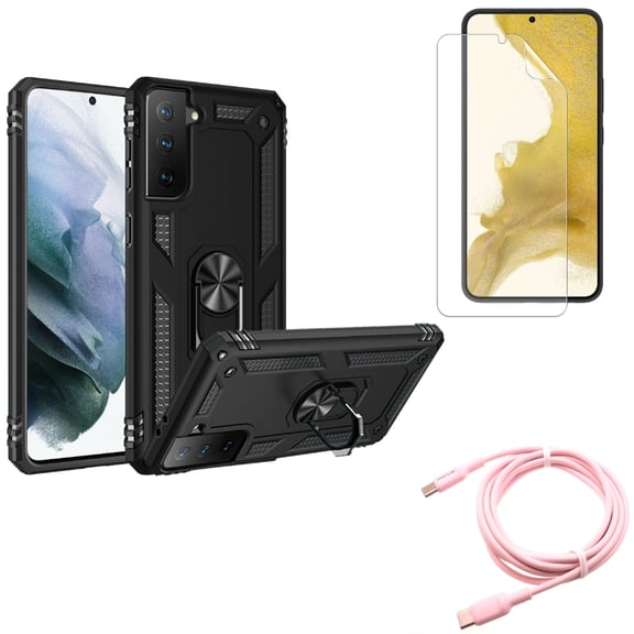 Pink 10ft Long Cable & Matte Screen Protector & Hybrid Case Cover for Samsung Galaxy S22 (6.1") - USB-C to Type-C PD Fast Charger & TPU Film Anti-Glare & Metal Ring Kickstand Accessory Bundle