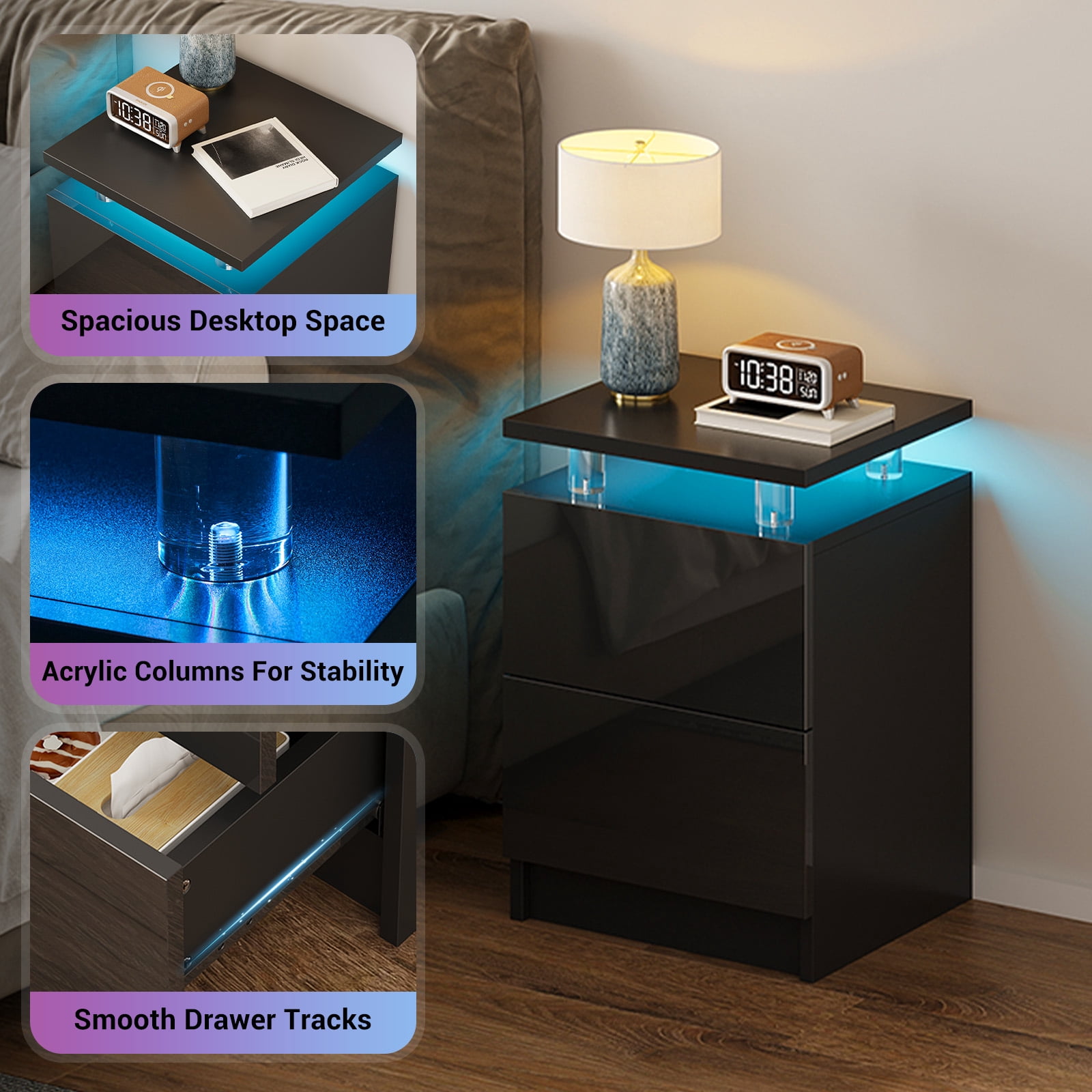 BaPiPro LED Nightstand Set of 2, Modern LED End Table with 2 Drawers, Bedside Table with Lighting for Bedroom, Living Room, Black