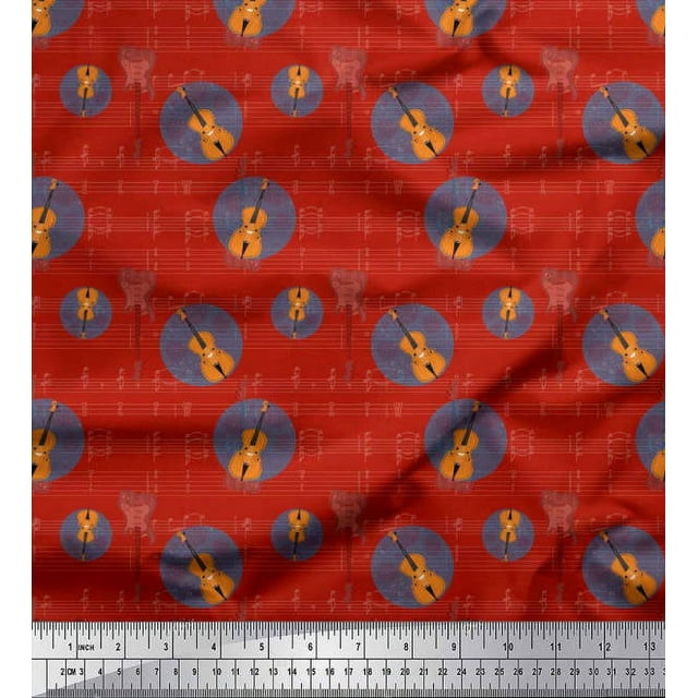Soimoi Rayon Crepe Fabric Notes & Guitar Musical Instrument Printed Fabric 1 Yard 46 Inch Wide
