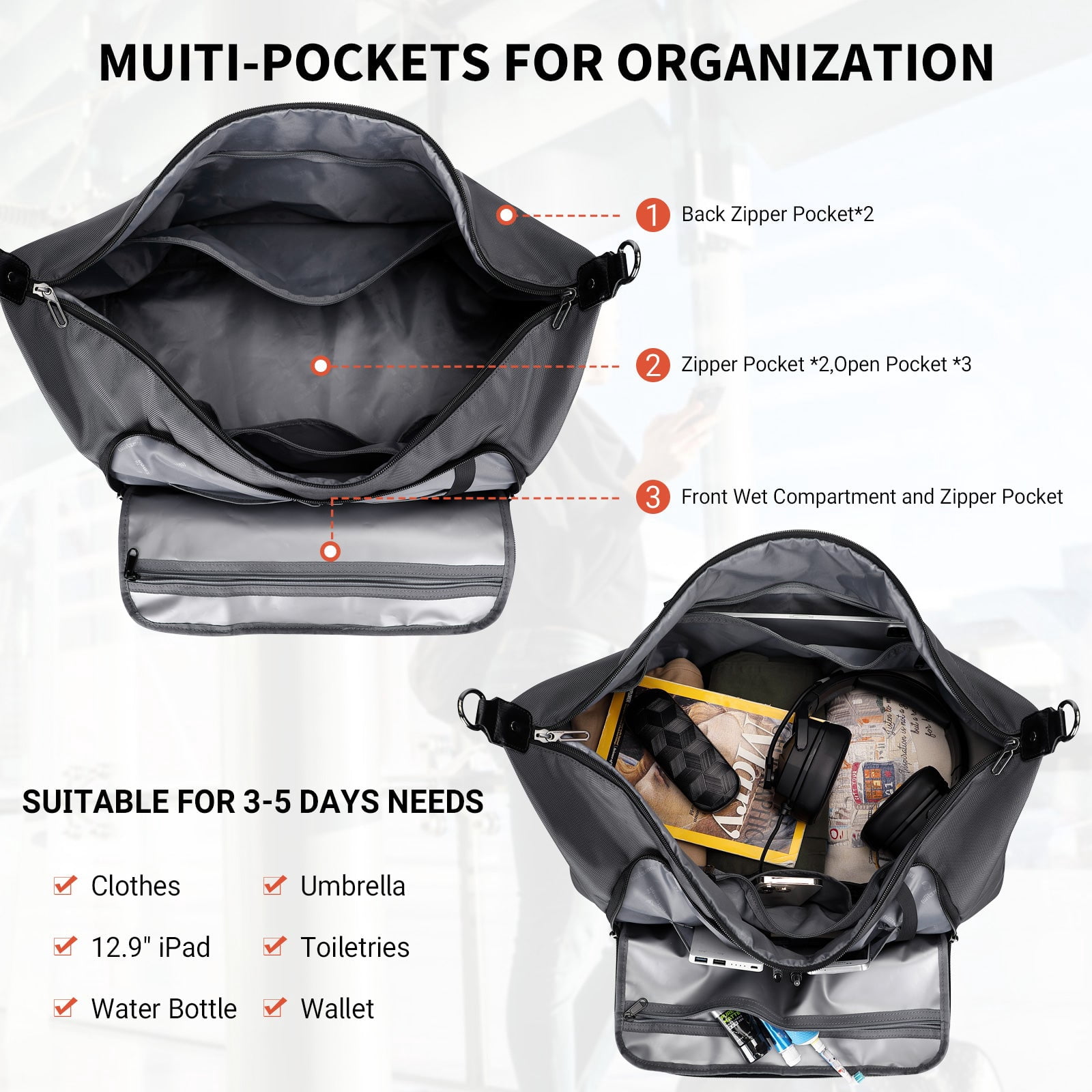 WITZMAN Travel Duffle Bags for Men Weekender Bags with Toiletry Bag Sets Carry on Overnight Bag 55L（B696 Silvery Grey）
