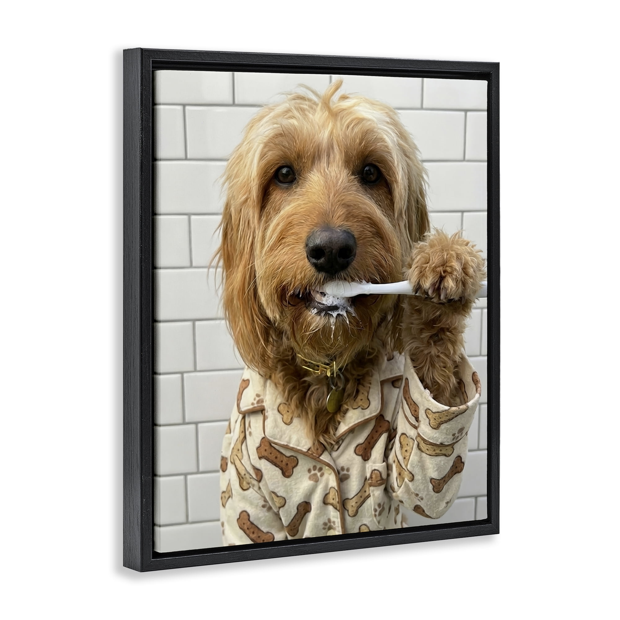 Stupell Industries Realistic Dog Brushing Teeth Black Framed Floater Canvas Wall Art, design by Abigail Walker