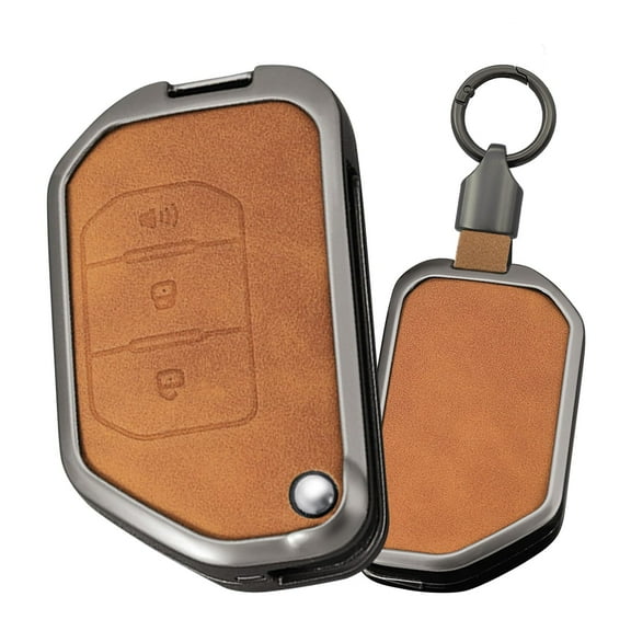 3 Button Key Fob Cover Compatible with Jeep Gladiator JT Sahara JLU 2018-2023 Fit for Jeep Wrangler JL JLU Rubicon Accessories Leather& Zinc Alloy Key Shell with Keychains-3 Button