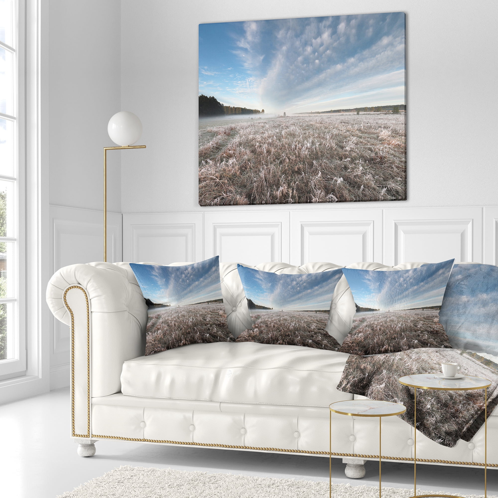 Designart Autumn Hoarfrost on Grass - Landscape Printed Throw Pillow - 16x16