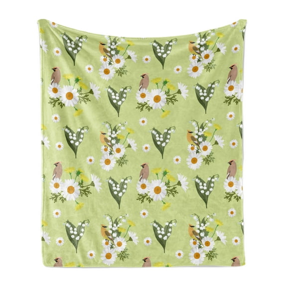 Nature Soft Flannel Fleece Throw Blanket, Print of Botanical Themed Wildflowers and Waxwings Bird Dandelion Blossoms, Cozy Plush for Indoor and Outdoor Use, 70" x 90", White Olive Green, by Ambesonne