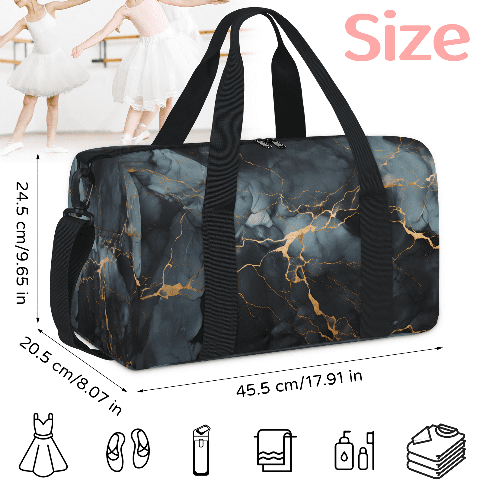 Herdesigns Black Marble Travel Duffle Bag Sports Yoga Weekender Overnight Carry on Workout Bags Lightweight Waterproof Gym Tote Bag for Women